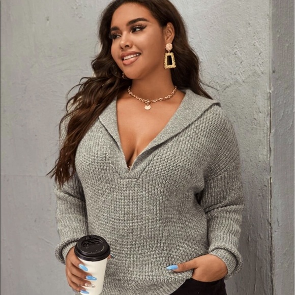 SHEIN Sweaters - PLUS SIZE DARK GRAY RIBBED POLYESTER KNIT SWEATER